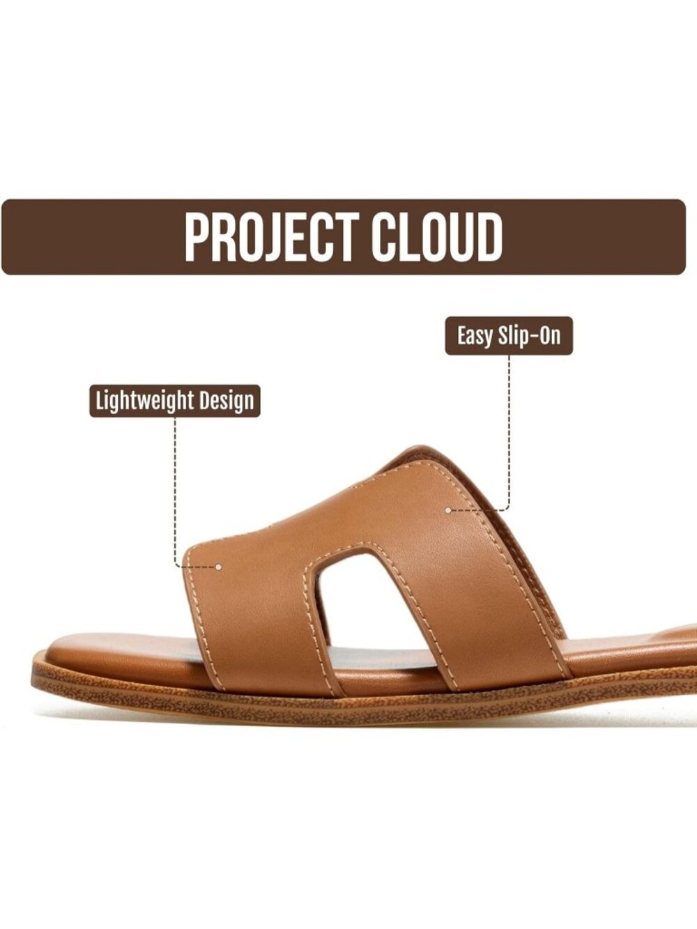 Women's Cognac Genuine Leather Fashion Flats Memory Foam Insole Slides Sandals - Picture 3 of 6